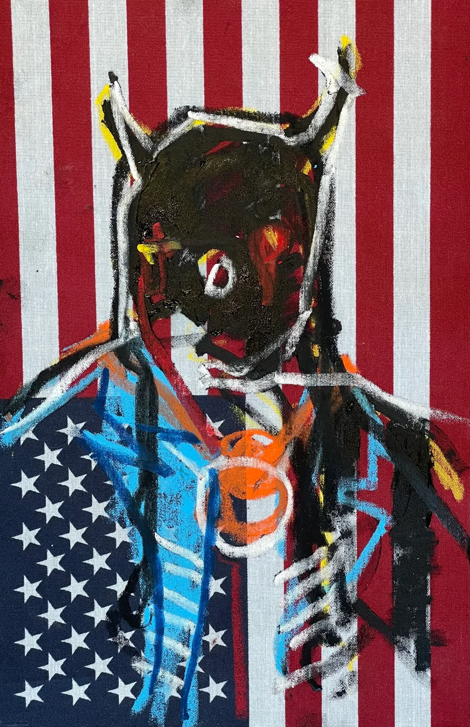An abstract portrait of an indian on an American flag