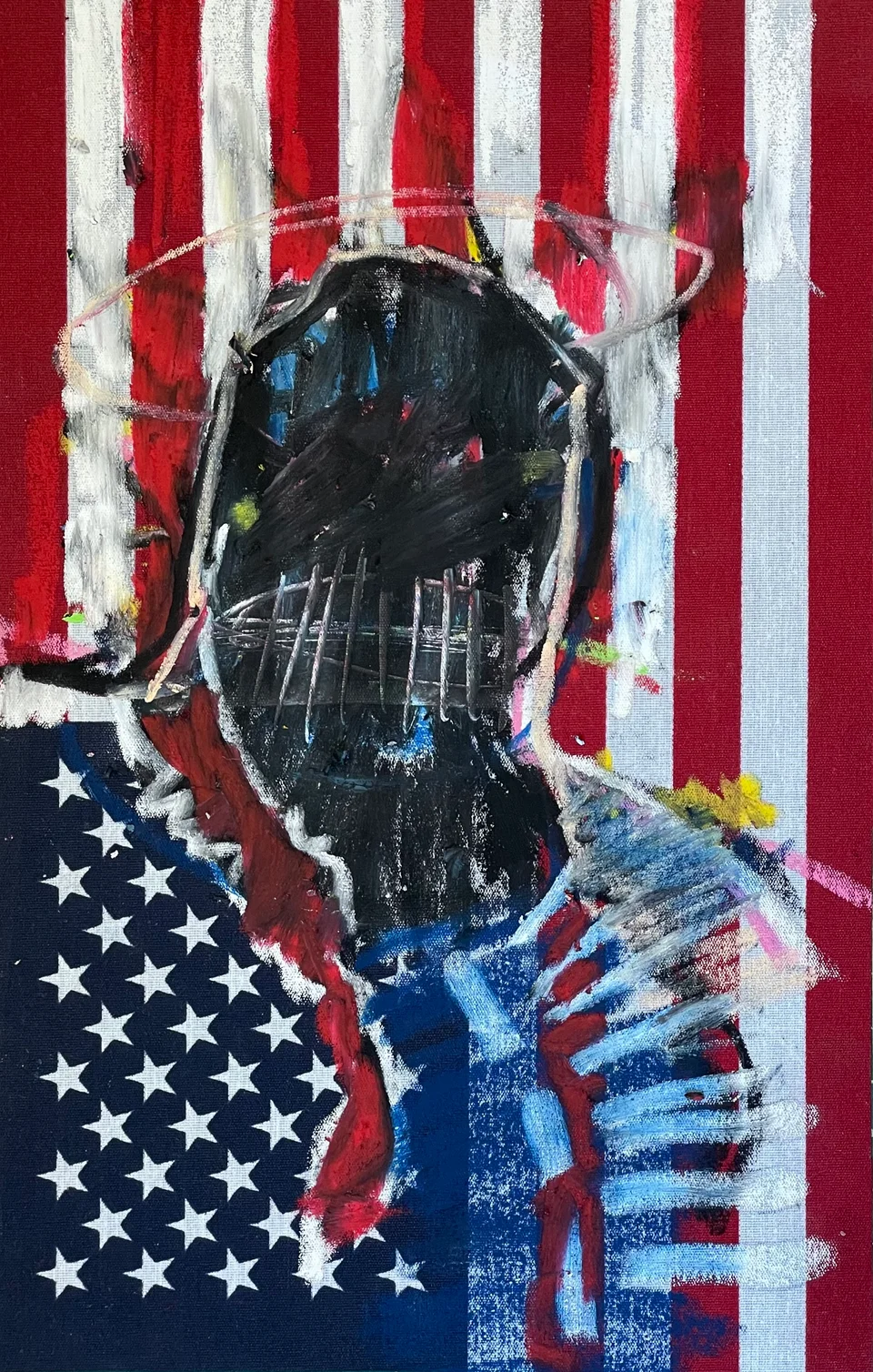An abstract portrait of an indian on an American flag