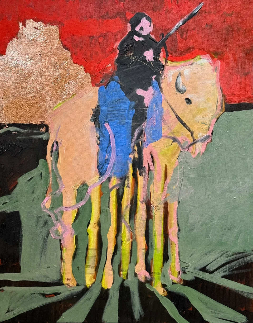 painting of a figure holding a rifle atop a bison with many legs