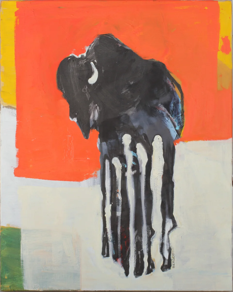 A painting of a bison on a color field that is cadmium red on top and a warm white on the bottom