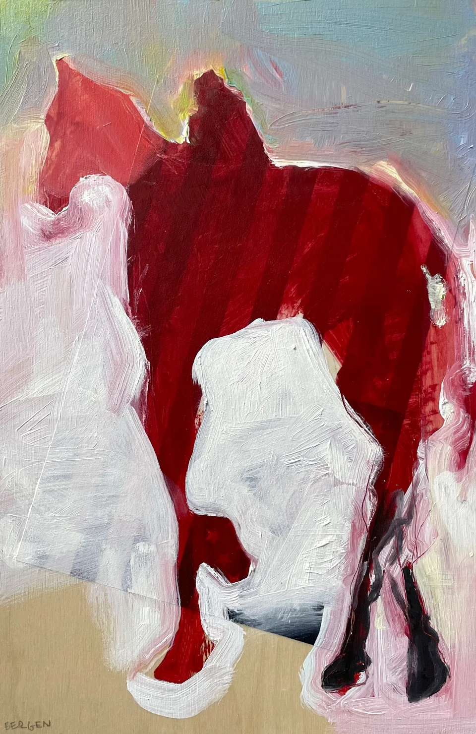 a red silhouette of a figure on a horse from the side