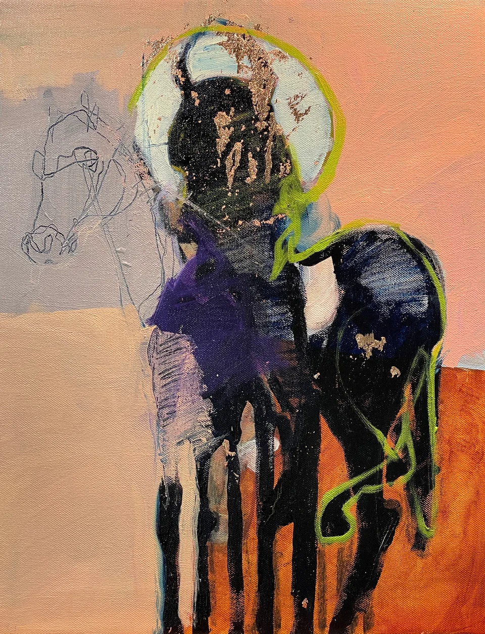 Painting of a dark figure on a dark horse