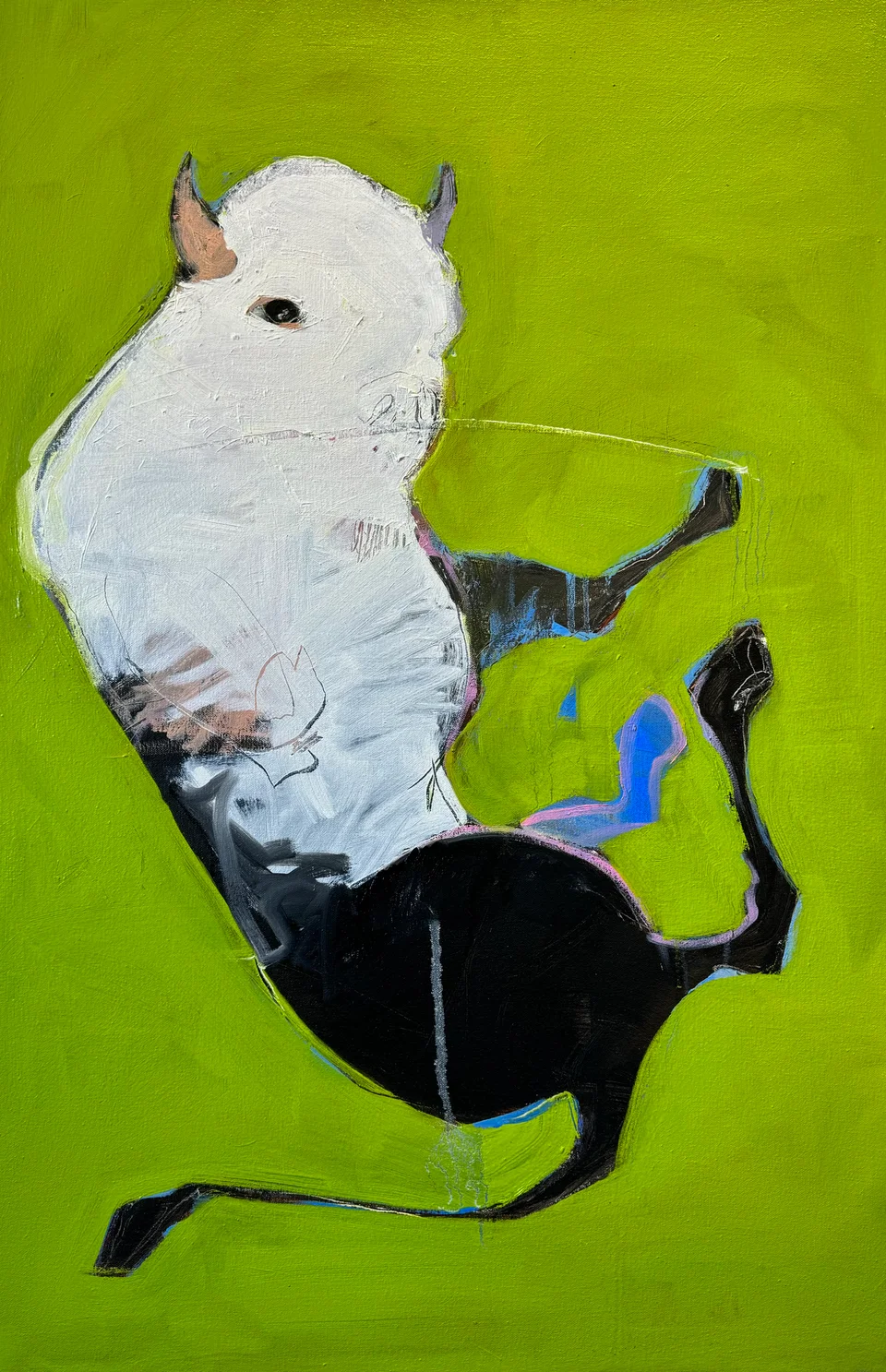 painting of a bison falling atop a green field