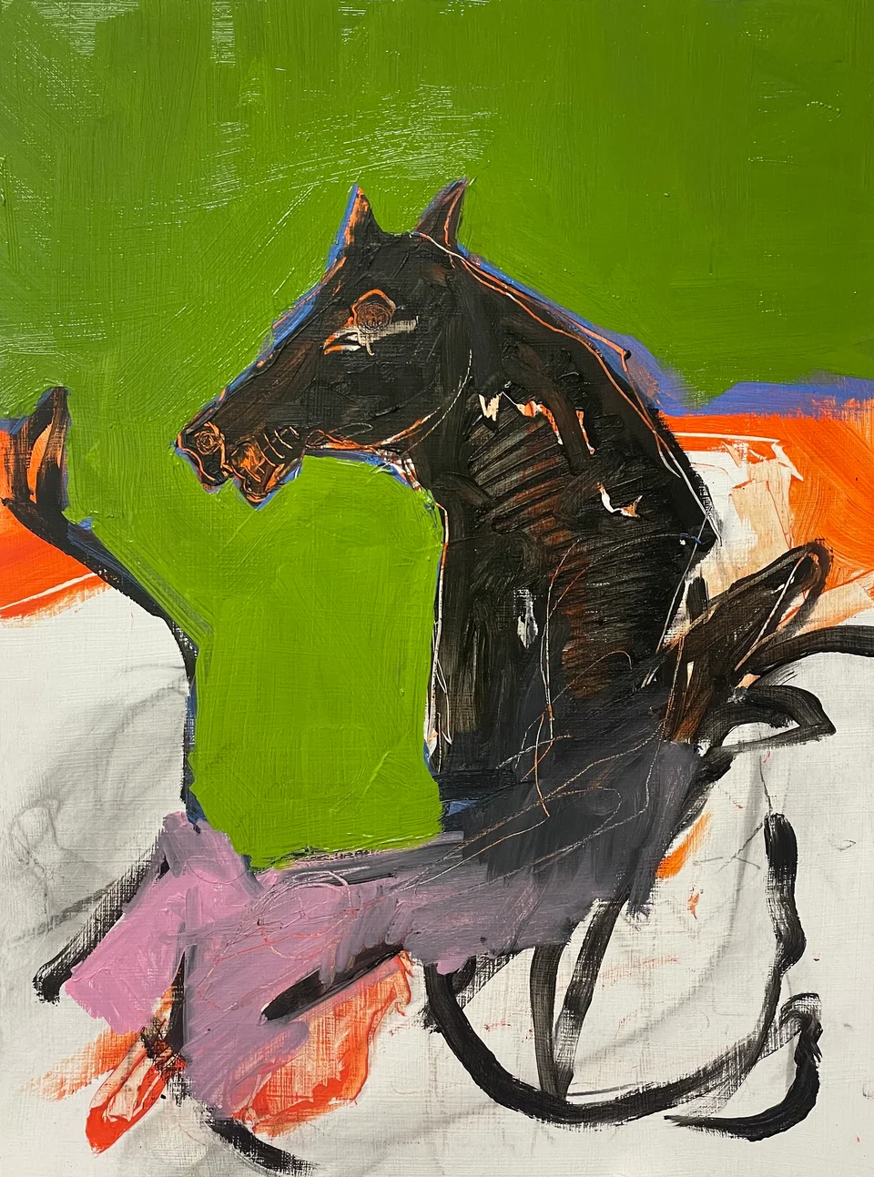 A painting of a black horse on a cadmium green field